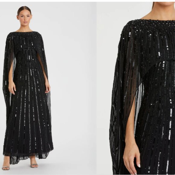 MAC DUGGAL 93869 EMBELLISHED BEADED COLUMN CAPE BLACK GOWN sz 14 - Picture 4 of 7